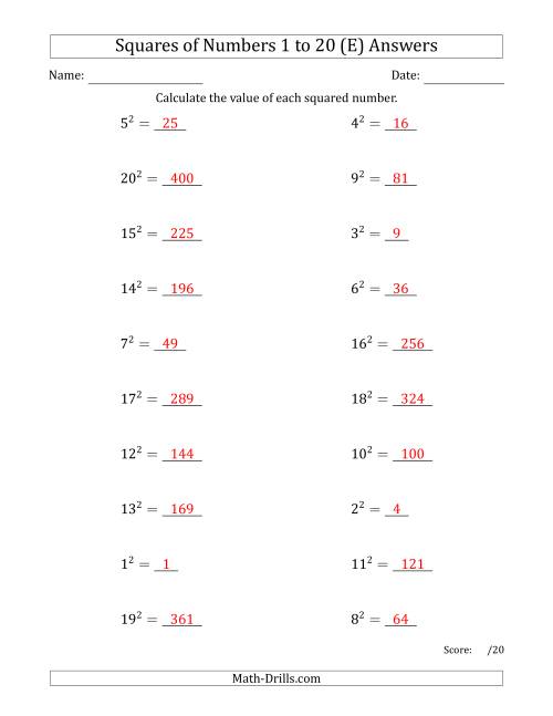 The Squares of Numbers from 1 to 20 (E) Math Worksheet Page 2