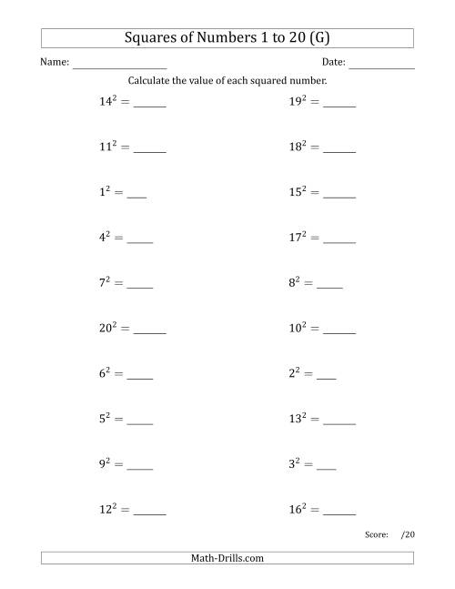 The Squares of Numbers from 1 to 20 (G) Math Worksheet