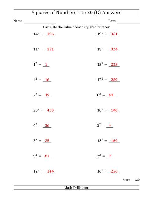 The Squares of Numbers from 1 to 20 (G) Math Worksheet Page 2