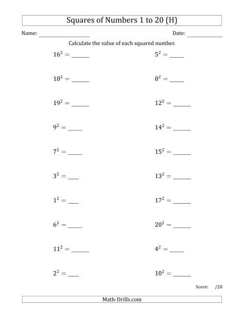 The Squares of Numbers from 1 to 20 (H) Math Worksheet
