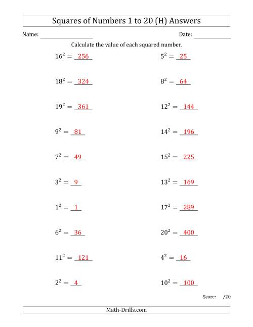 The Squares of Numbers from 1 to 20 (H) Math Worksheet Page 2