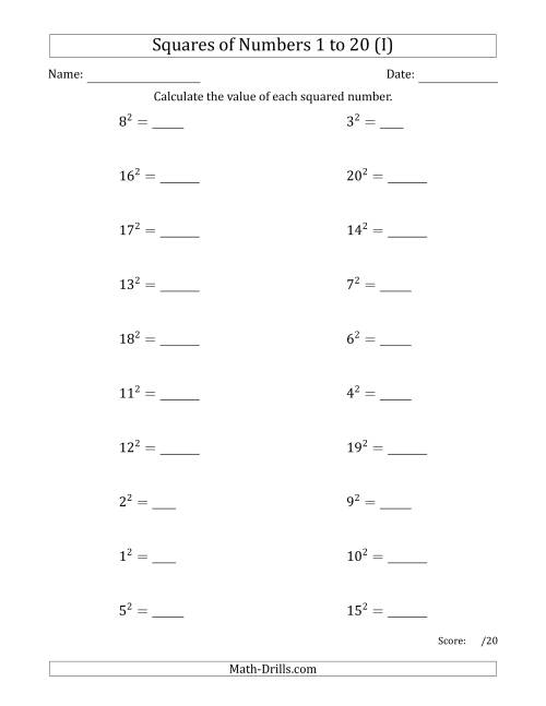 The Squares of Numbers from 1 to 20 (I) Math Worksheet