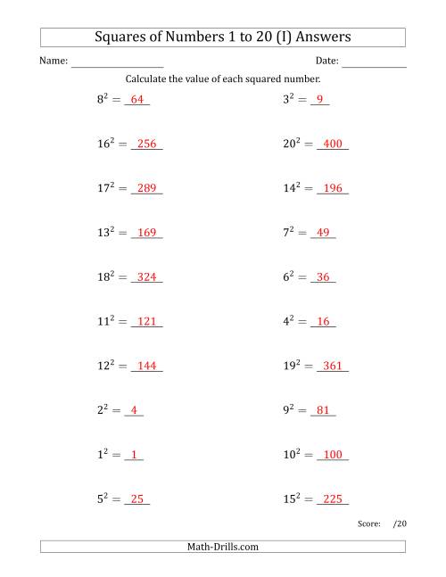 The Squares of Numbers from 1 to 20 (I) Math Worksheet Page 2