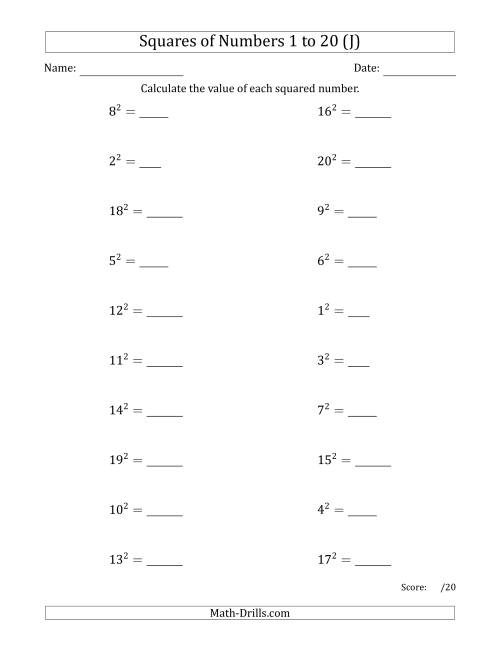 The Squares of Numbers from 1 to 20 (J) Math Worksheet