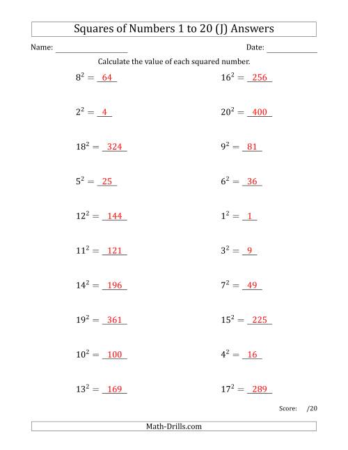 The Squares of Numbers from 1 to 20 (J) Math Worksheet Page 2