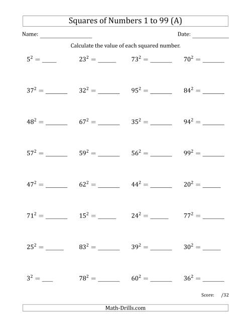 The Squares of Numbers from 1 to 99 (A) Math Worksheet