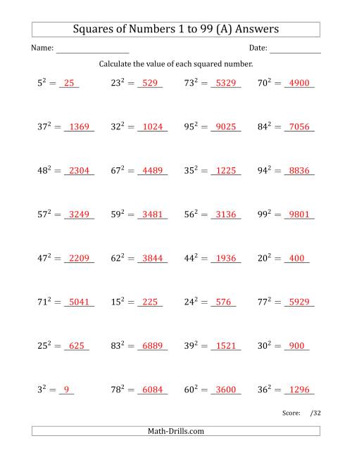 The Squares of Numbers from 1 to 99 (A) Math Worksheet Page 2