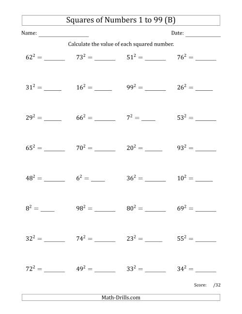 The Squares of Numbers from 1 to 99 (B) Math Worksheet