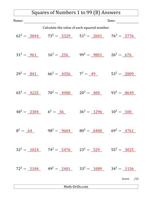 The Squares of Numbers from 1 to 99 (B) Math Worksheet Page 2
