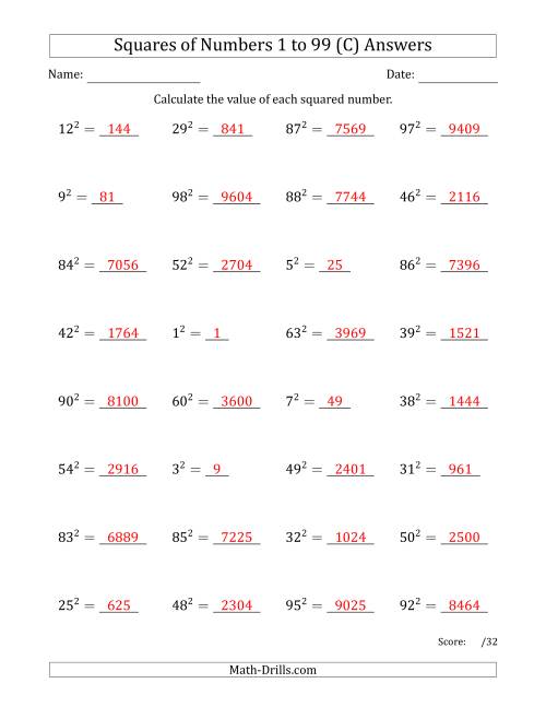 The Squares of Numbers from 1 to 99 (C) Math Worksheet Page 2
