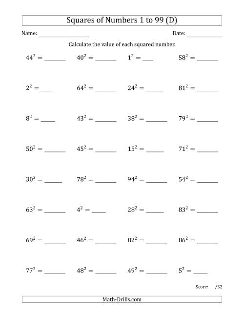 The Squares of Numbers from 1 to 99 (D) Math Worksheet