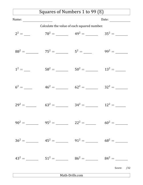The Squares of Numbers from 1 to 99 (E) Math Worksheet