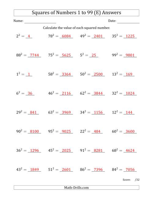 The Squares of Numbers from 1 to 99 (E) Math Worksheet Page 2