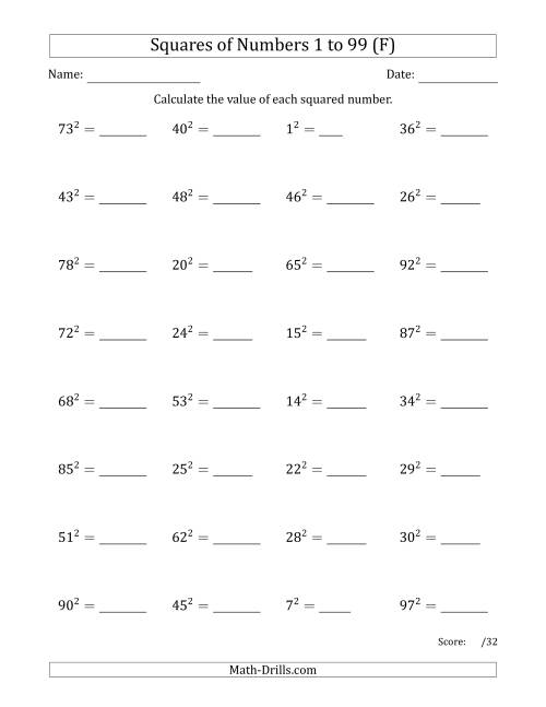 The Squares of Numbers from 1 to 99 (F) Math Worksheet