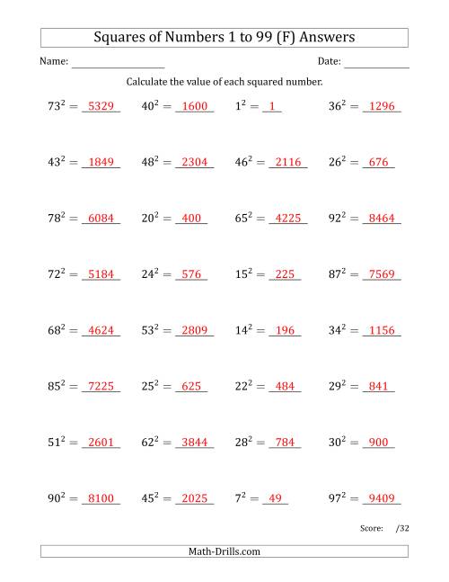 The Squares of Numbers from 1 to 99 (F) Math Worksheet Page 2