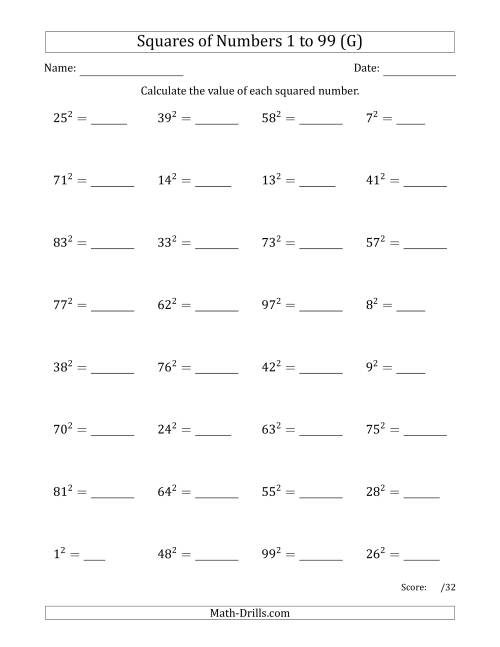 The Squares of Numbers from 1 to 99 (G) Math Worksheet