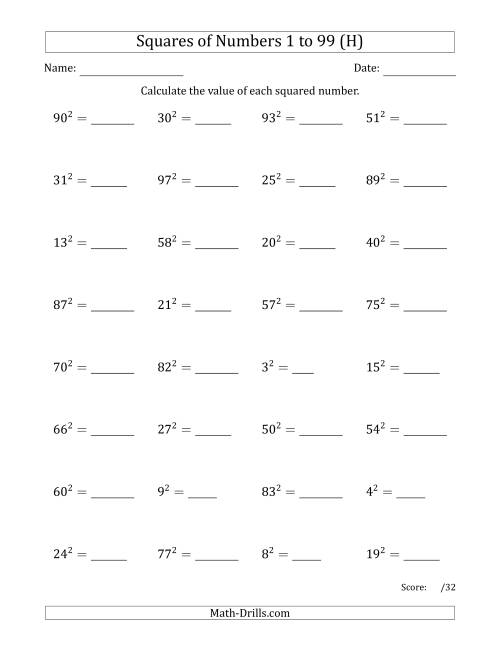 The Squares of Numbers from 1 to 99 (H) Math Worksheet
