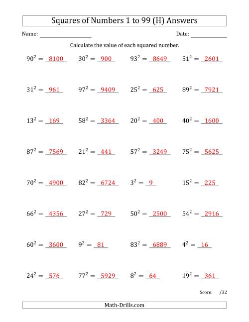 The Squares of Numbers from 1 to 99 (H) Math Worksheet Page 2