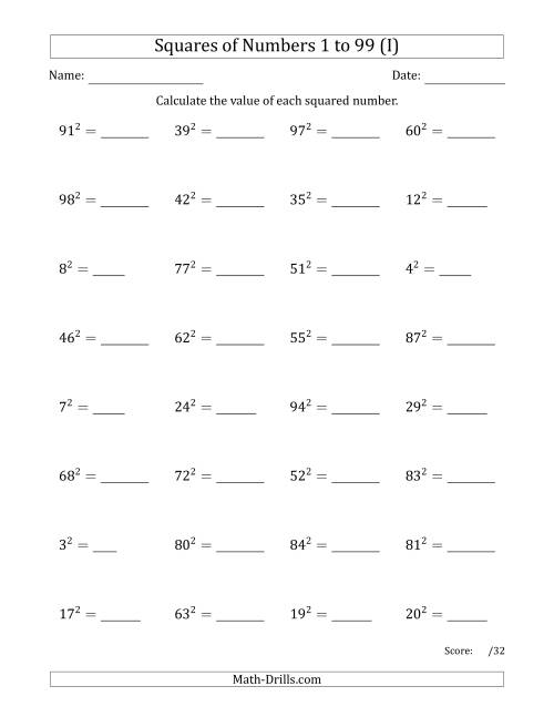 The Squares of Numbers from 1 to 99 (I) Math Worksheet