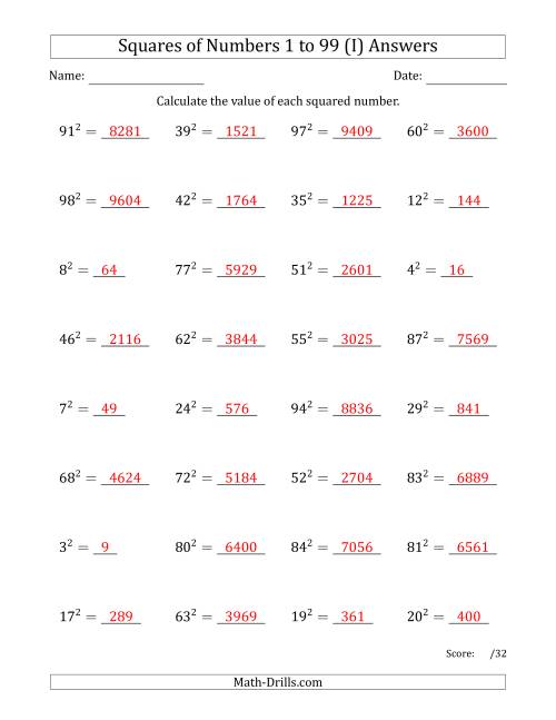 The Squares of Numbers from 1 to 99 (I) Math Worksheet Page 2