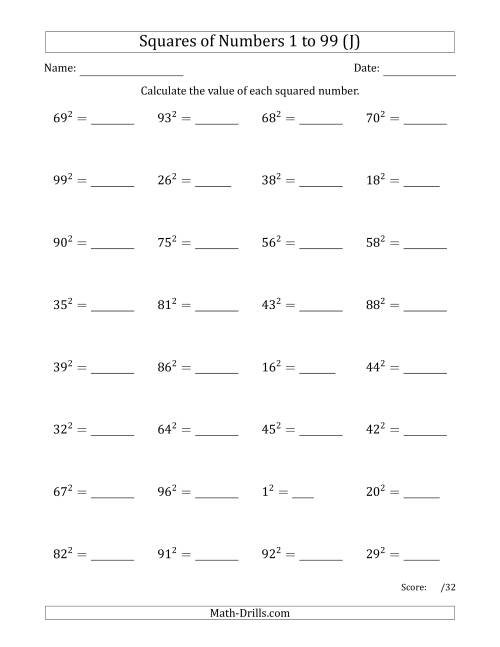 The Squares of Numbers from 1 to 99 (J) Math Worksheet