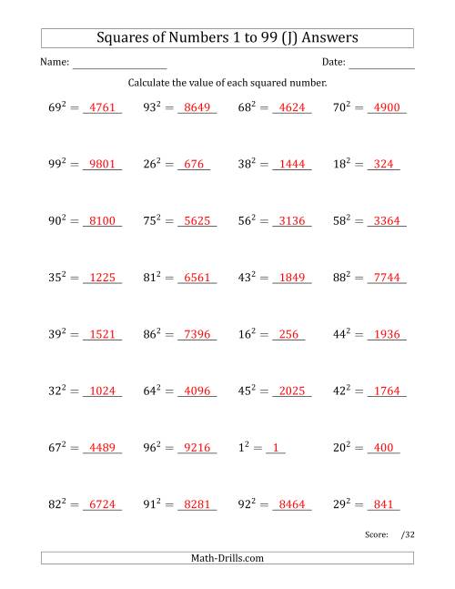 The Squares of Numbers from 1 to 99 (J) Math Worksheet Page 2