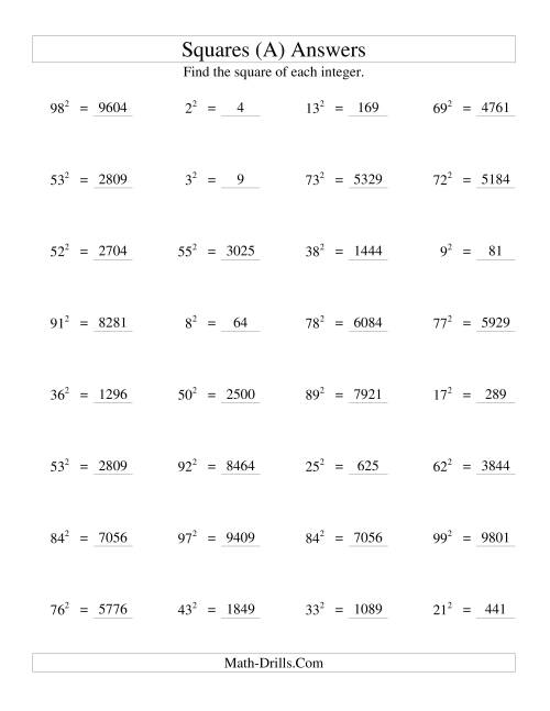 The Squares up to 99 Squared (Old) Math Worksheet Page 2