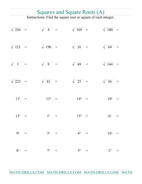 The Squares and Square Roots (A) Math Worksheet