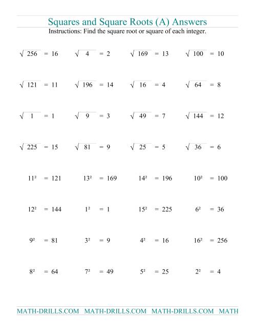 The Squares and Square Roots (A) Math Worksheet Page 2