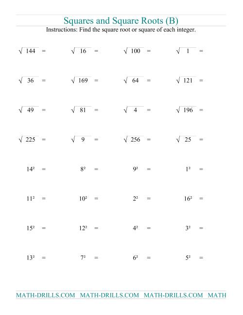 The Squares and Square Roots (B) Math Worksheet