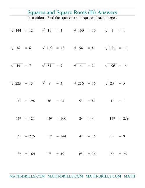 The Squares and Square Roots (B) Math Worksheet Page 2