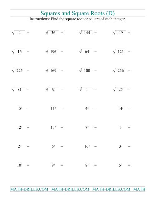 The Squares and Square Roots (D) Math Worksheet