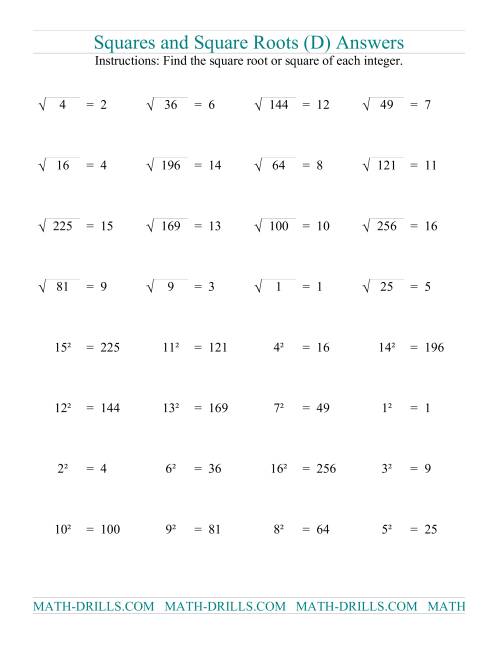 The Squares and Square Roots (D) Math Worksheet Page 2