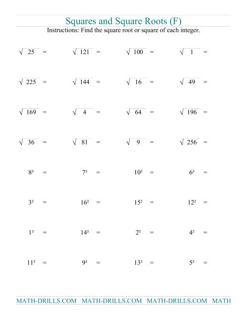 The Squares and Square Roots (F) Math Worksheet