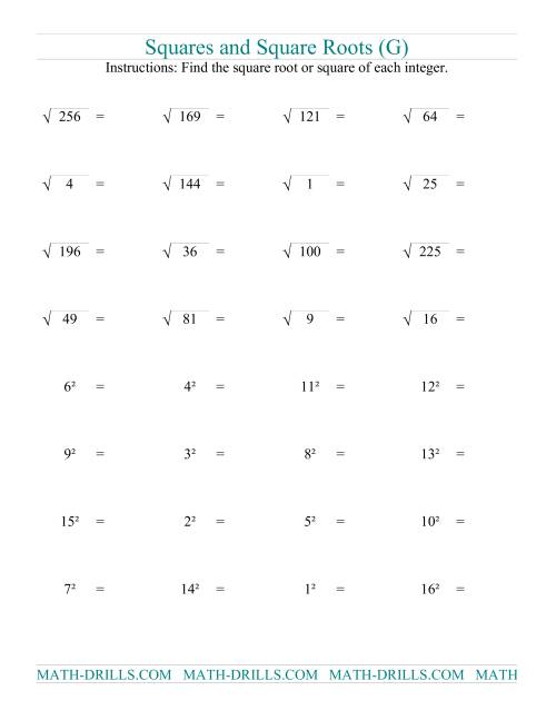 The Squares and Square Roots (G) Math Worksheet