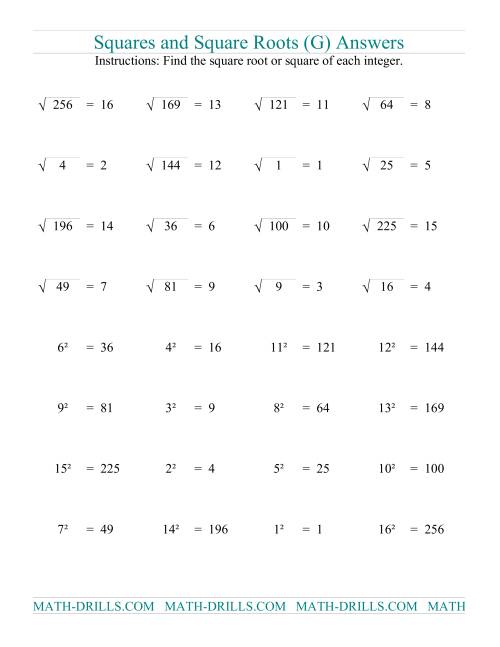 The Squares and Square Roots (G) Math Worksheet Page 2