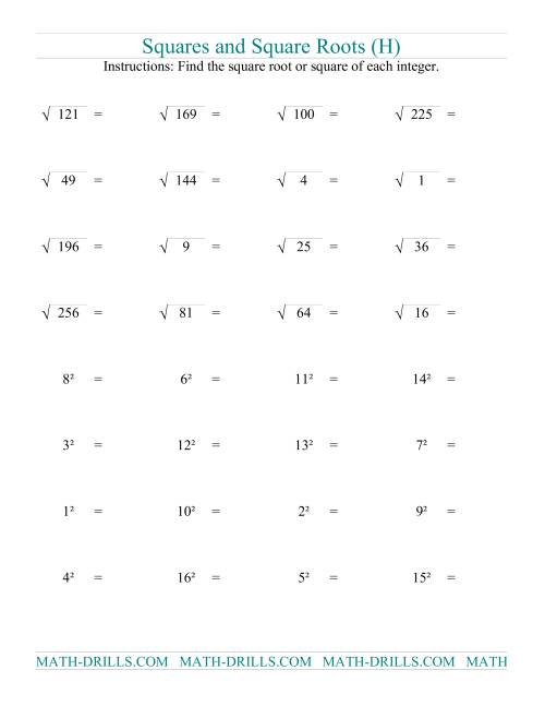The Squares and Square Roots (H) Math Worksheet