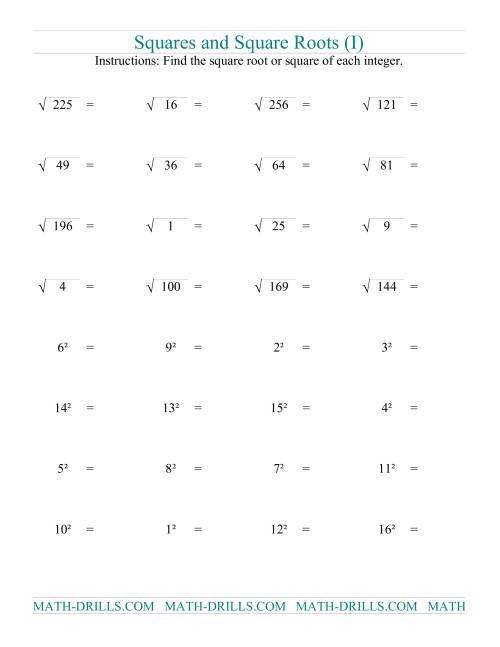 The Squares and Square Roots (I) Math Worksheet