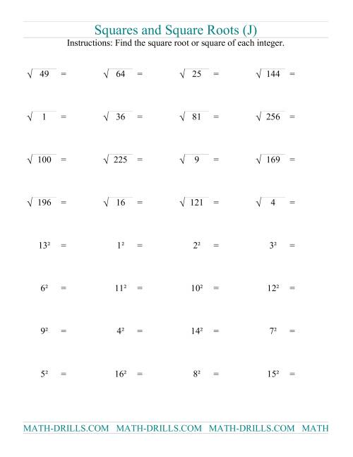 The Squares and Square Roots (J) Math Worksheet