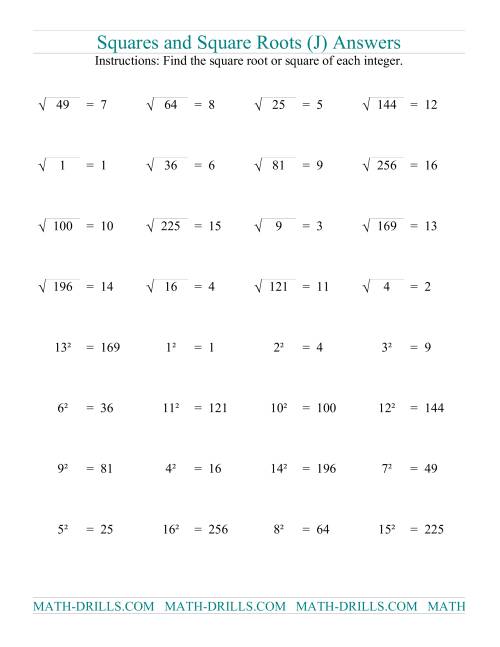 The Squares and Square Roots (J) Math Worksheet Page 2