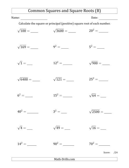 The Commonly Used Squares and Square Roots Mixed Questions (B) Math Worksheet