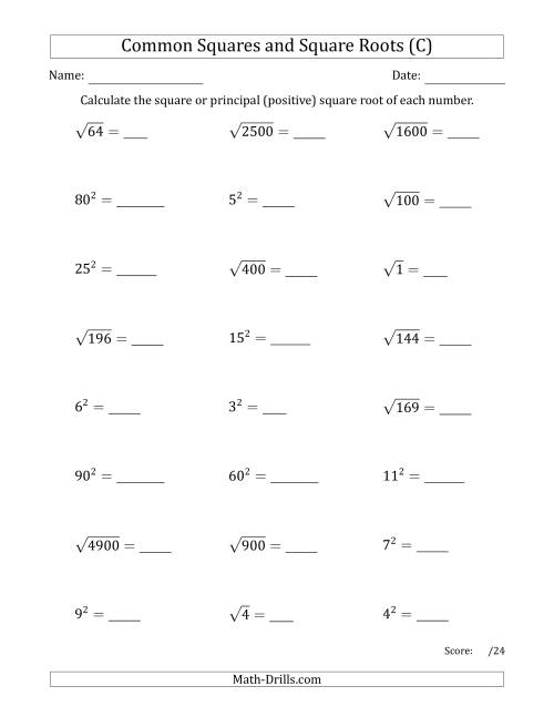 The Commonly Used Squares and Square Roots Mixed Questions (C) Math Worksheet