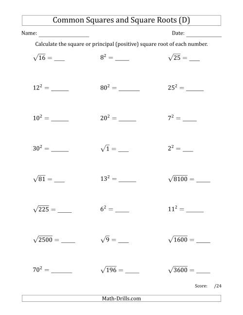 The Commonly Used Squares and Square Roots Mixed Questions (D) Math Worksheet