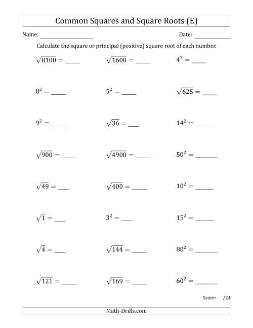 The Commonly Used Squares and Square Roots Mixed Questions (E) Math Worksheet