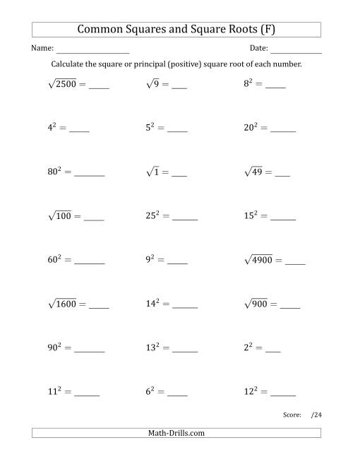 The Commonly Used Squares and Square Roots Mixed Questions (F) Math Worksheet