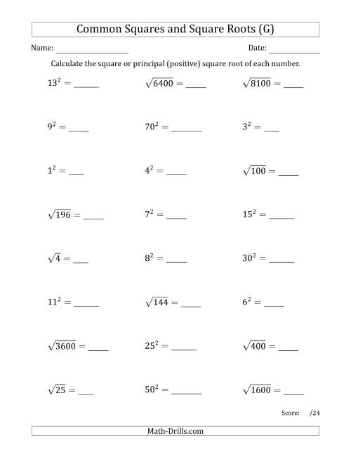 The Commonly Used Squares and Square Roots Mixed Questions (G) Math Worksheet