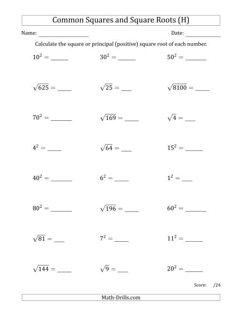 The Commonly Used Squares and Square Roots Mixed Questions (H) Math Worksheet