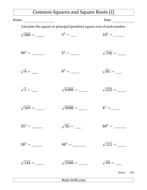 The Commonly Used Squares and Square Roots Mixed Questions (I) Math Worksheet