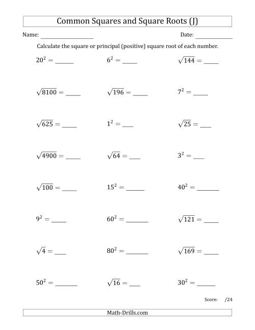 The Commonly Used Squares and Square Roots Mixed Questions (J) Math Worksheet