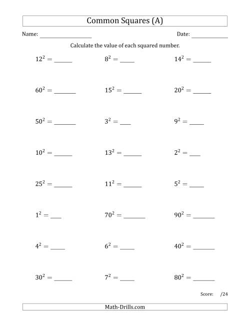The Commonly Squared Numbers (A) Math Worksheet
